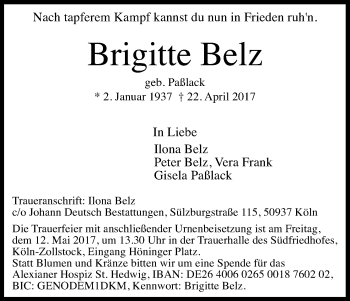 Anzeige von Brigitte Belz von Kölner Stadt-Anzeiger / Kölnische Rundschau / Express