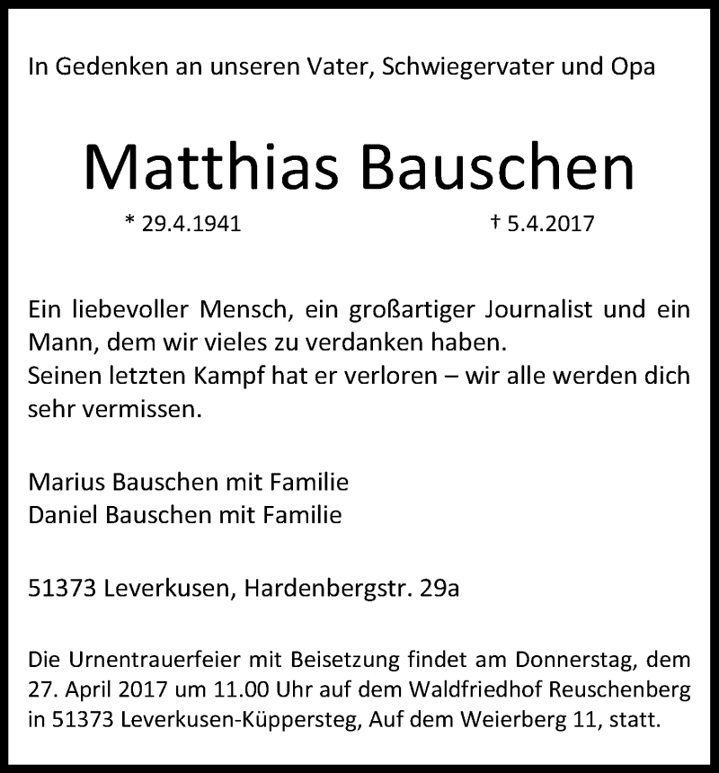  Traueranzeige für Matthias Bauschen vom 22.04.2017 aus Kölner Stadt-Anzeiger / Kölnische Rundschau / Express
