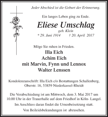 Anzeige von Eliese Umschlag von  Kölner Wochenspiegel 