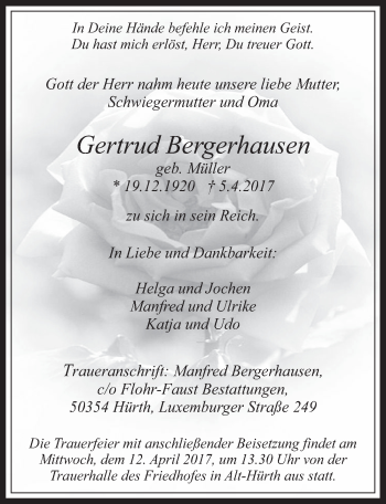 Anzeige von Gertrud Bergerhausen von  Wochenende 