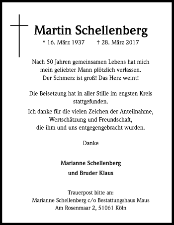 Anzeige von Martin Schellenberg von Kölner Stadt-Anzeiger / Kölnische Rundschau / Express