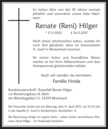 Anzeige von Renate Hilger von  Schaufenster/Blickpunkt 