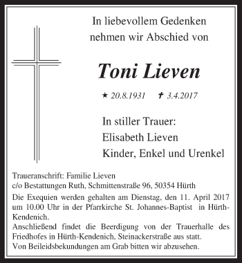 Anzeige von Toni Lieven von  Wochenende 