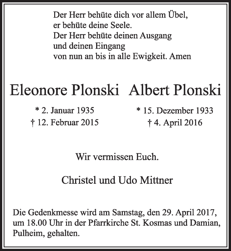  Traueranzeige für Eleonore und Albert Plonski vom 22.04.2017 aus  Sonntags-Post 