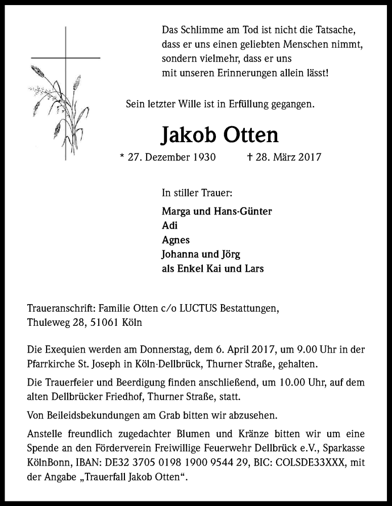  Traueranzeige für Jakob Otten vom 01.04.2017 aus Kölner Stadt-Anzeiger / Kölnische Rundschau / Express