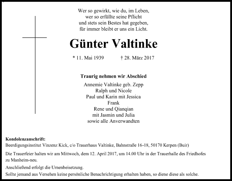  Traueranzeige für Günter Valtinke vom 08.04.2017 aus Kölner Stadt-Anzeiger / Kölnische Rundschau / Express