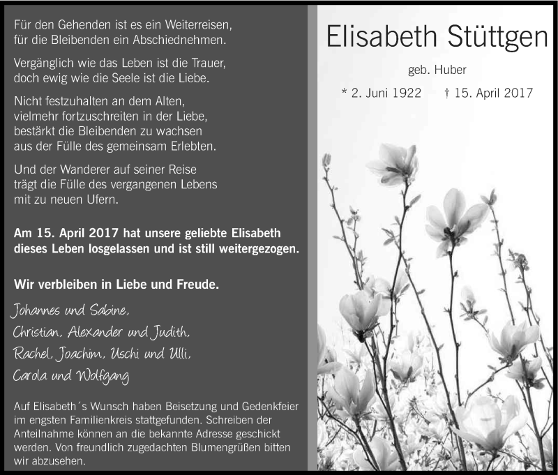  Traueranzeige für Elisabeth Stüttgen vom 28.04.2017 aus Kölner Stadt-Anzeiger / Kölnische Rundschau / Express