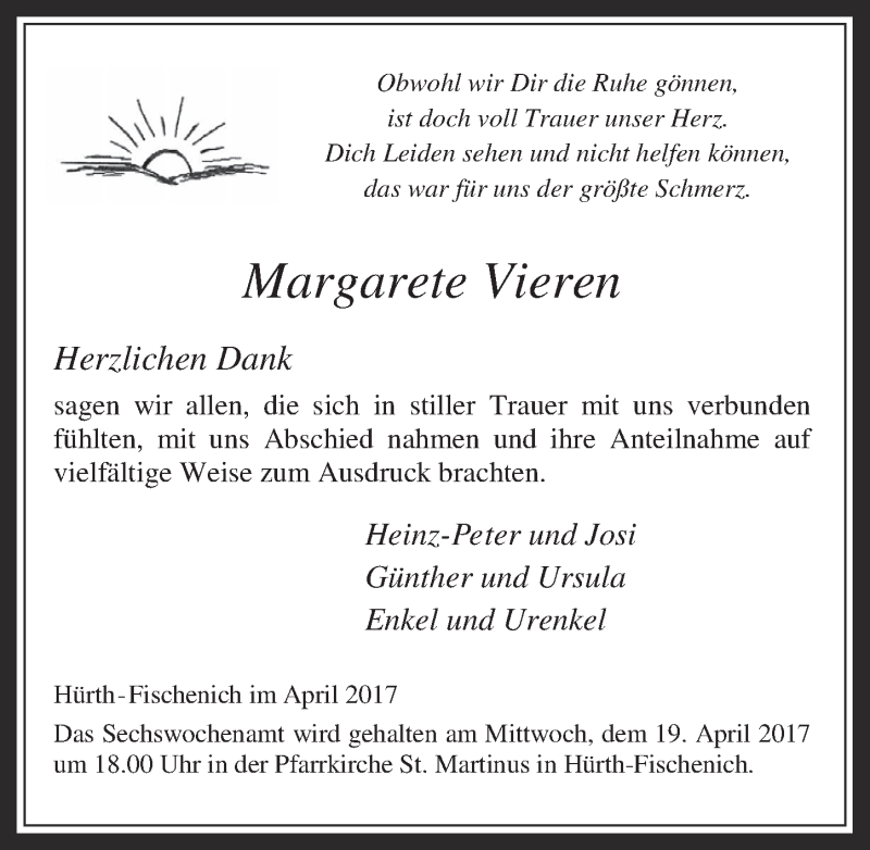  Traueranzeige für Margarete Vieren vom 12.04.2017 aus  Wochenende  Schlossbote/Werbekurier 