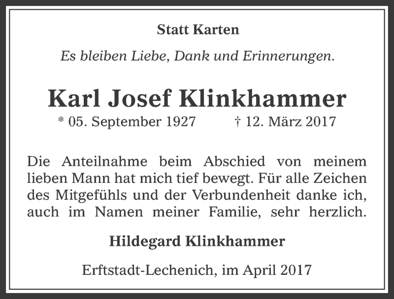  Traueranzeige für Karl Josef Klinkhammer vom 05.04.2017 aus  Werbepost 