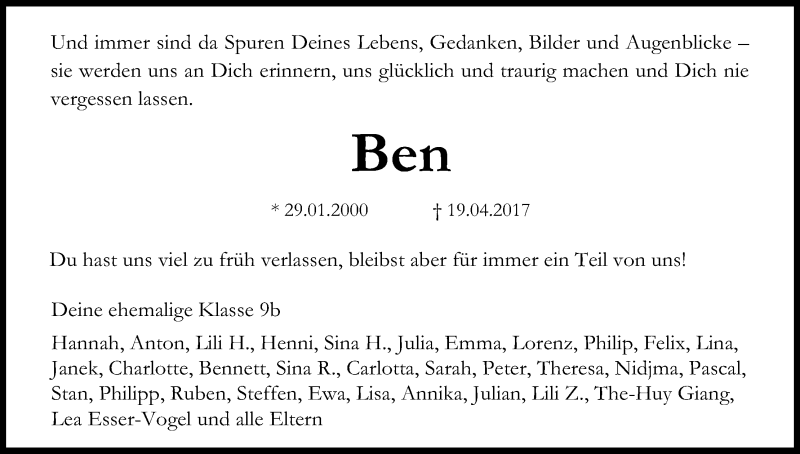  Traueranzeige für Ben Berens vom 29.04.2017 aus Kölner Stadt-Anzeiger / Kölnische Rundschau / Express