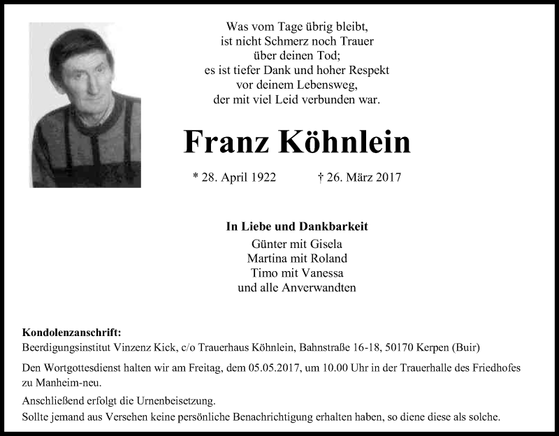  Traueranzeige für Franz Köhnlein vom 29.04.2017 aus Kölner Stadt-Anzeiger / Kölnische Rundschau / Express