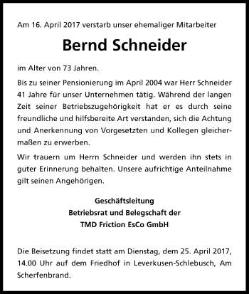 Anzeige von Bernd Schneider von Kölner Stadt-Anzeiger / Kölnische Rundschau / Express