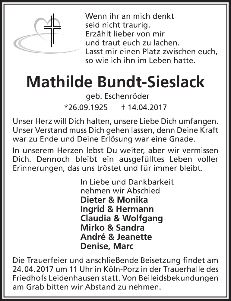  Traueranzeige für Mathilde Bundt-Sieslack vom 22.04.2017 aus 