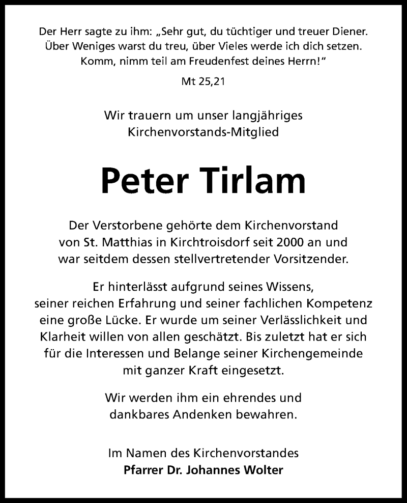  Traueranzeige für Peter Tirlam vom 19.04.2017 aus Kölner Stadt-Anzeiger / Kölnische Rundschau / Express