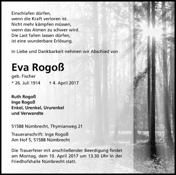 Anzeige von Eva Rogoß von Kölner Stadt-Anzeiger / Kölnische Rundschau / Express