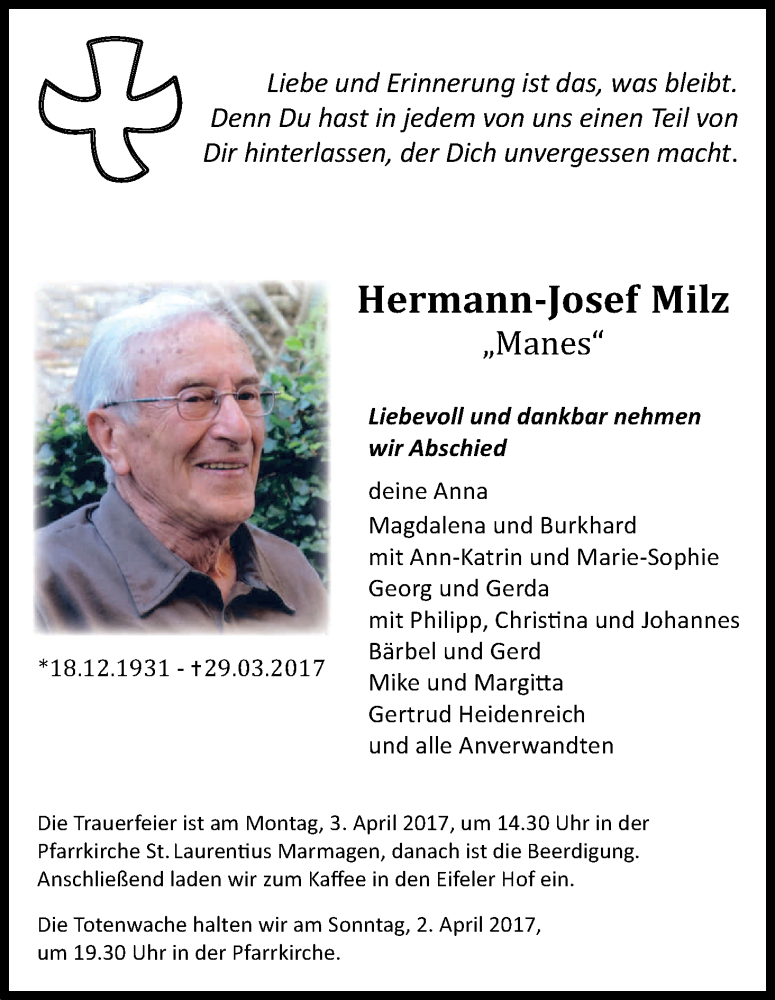  Traueranzeige für Hermann-Josef Milz vom 01.04.2017 aus Kölner Stadt-Anzeiger / Kölnische Rundschau / Express
