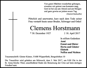 Anzeige von Clemens Horstmann von Kölner Stadt-Anzeiger / Kölnische Rundschau / Express