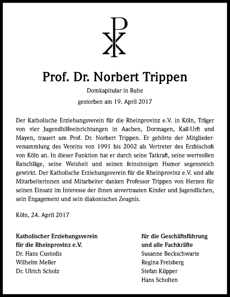  Traueranzeige für Norbert  Trippen vom 29.04.2017 aus Kölner Stadt-Anzeiger / Kölnische Rundschau / Express