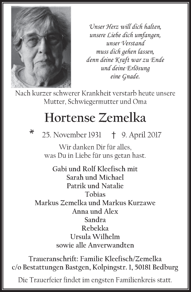  Traueranzeige für Hortense Zemelka vom 26.04.2017 aus  Werbepost 