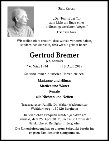 Anzeige von Gertrud Bremer von Kölner Stadt-Anzeiger / Kölnische Rundschau / Express