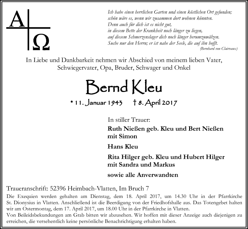  Traueranzeige für Bernd Kleu vom 13.04.2017 aus Kölner Stadt-Anzeiger / Kölnische Rundschau / Express