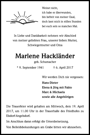 Anzeige von Marlene Hackländer von Kölner Stadt-Anzeiger / Kölnische Rundschau / Express
