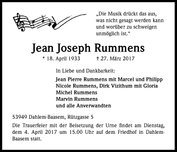 Anzeige von Jean Joseph Rummens von Kölner Stadt-Anzeiger / Kölnische Rundschau / Express