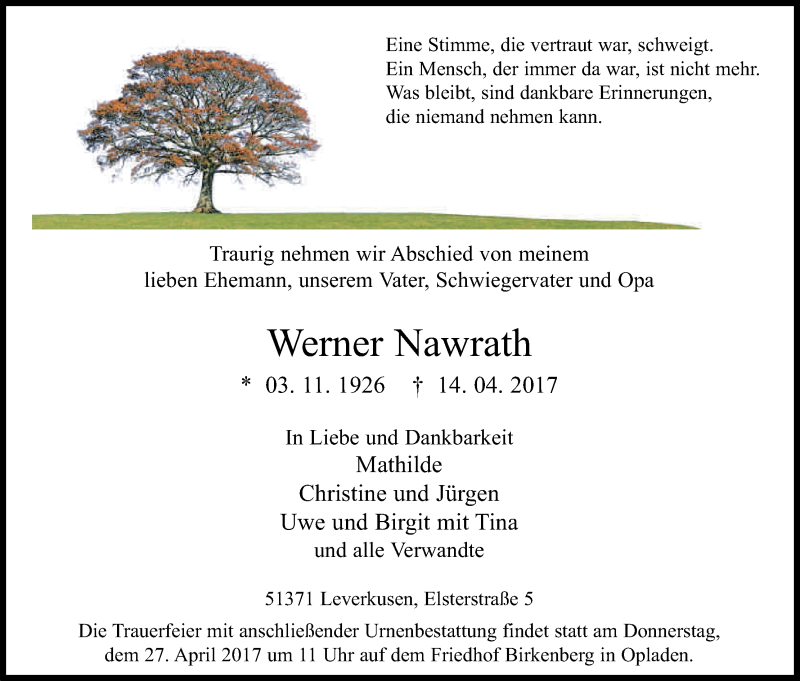  Traueranzeige für Werner Nawrath vom 22.04.2017 aus Kölner Stadt-Anzeiger / Kölnische Rundschau / Express