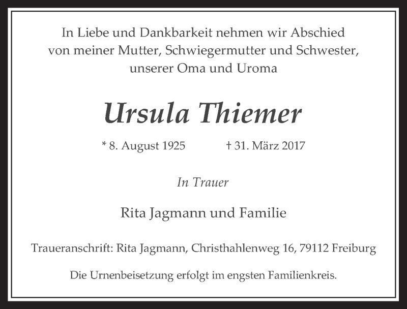  Traueranzeige für Ursula Thiemer vom 12.04.2017 aus  Schaufenster/Blickpunkt 