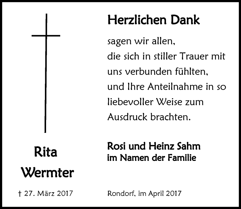  Traueranzeige für Rita Wermter vom 26.04.2017 aus  Kölner Wochenspiegel 