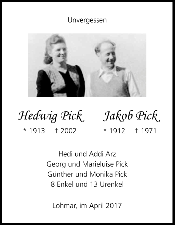 Anzeige von Hedwig und Jakob Pick von Kölner Stadt-Anzeiger / Kölnische Rundschau / Express