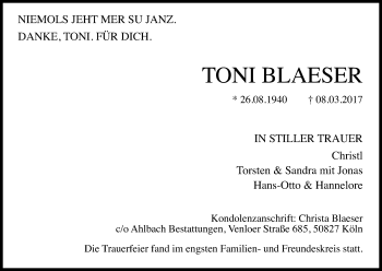 Anzeige von Toni Blaeser von Kölner Stadt-Anzeiger / Kölnische Rundschau / Express