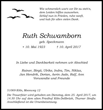 Anzeige von Ruth Schwamborn von Kölner Stadt-Anzeiger / Kölnische Rundschau / Express