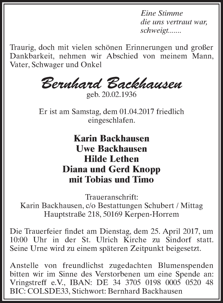  Traueranzeige für Bernhard Backhausen vom 22.04.2017 aus  Sonntags-Post 