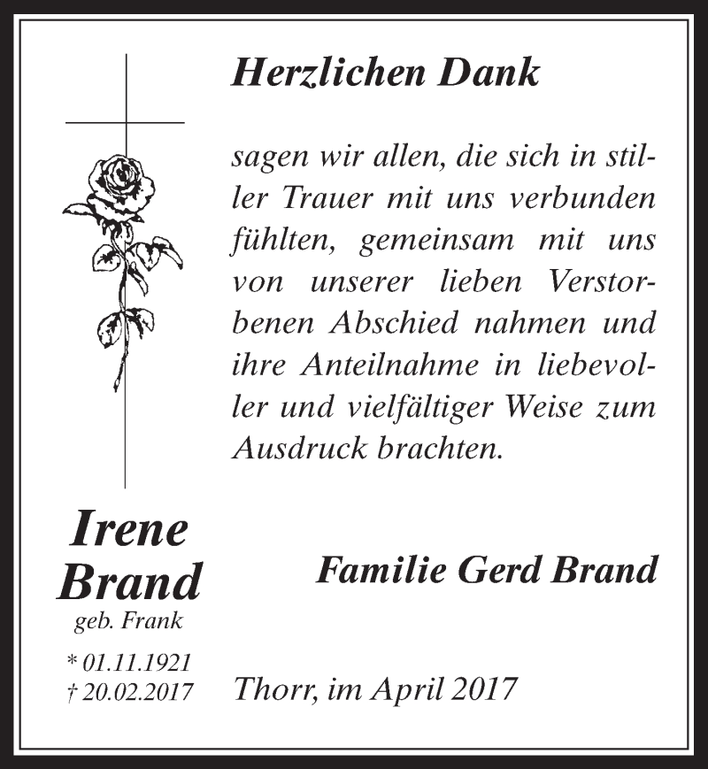  Traueranzeige für Irene Brand vom 05.04.2017 aus  Werbepost 