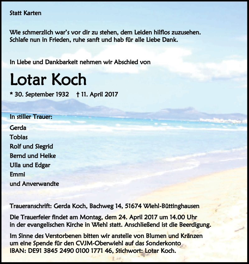  Traueranzeige für Lotar Koch vom 15.04.2017 aus Kölner Stadt-Anzeiger / Kölnische Rundschau / Express