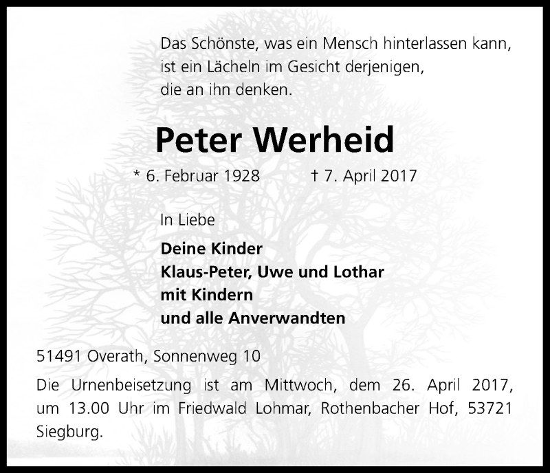  Traueranzeige für Peter Werheid vom 19.04.2017 aus Kölner Stadt-Anzeiger / Kölnische Rundschau / Express