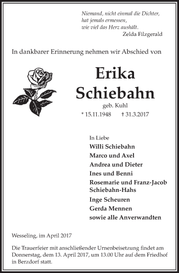 Anzeige von Erika Schiebahn von  Schlossbote/Werbekurier 