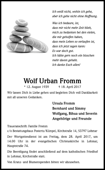 Anzeige von Wolf Urban Fromm von Kölner Stadt-Anzeiger / Kölnische Rundschau / Express