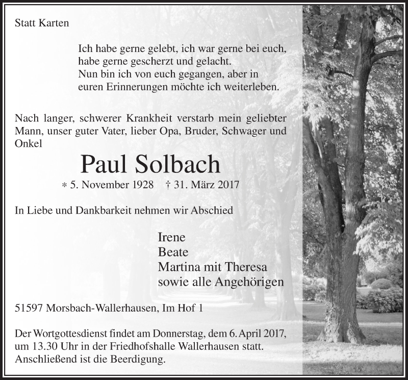  Traueranzeige für Paul Solbach vom 05.04.2017 aus  Lokalanzeiger 