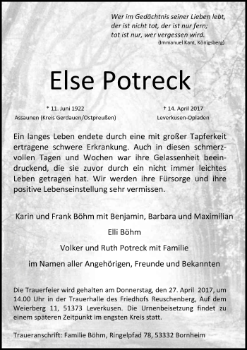 Anzeige von Else Potreck von Kölner Stadt-Anzeiger / Kölnische Rundschau / Express