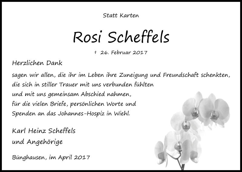  Traueranzeige für Rosi Scheffels vom 29.04.2017 aus Kölner Stadt-Anzeiger / Kölnische Rundschau / Express
