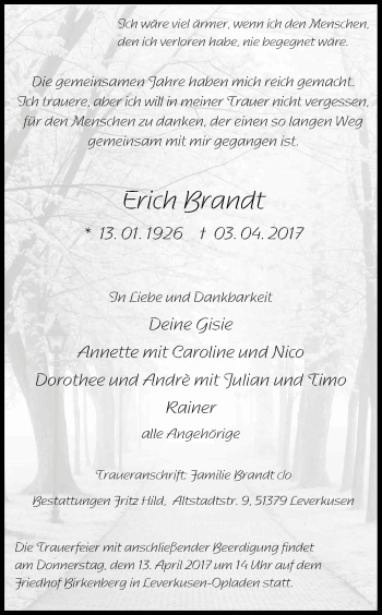 Anzeige von Erich Brandt von Kölner Stadt-Anzeiger / Kölnische Rundschau / Express