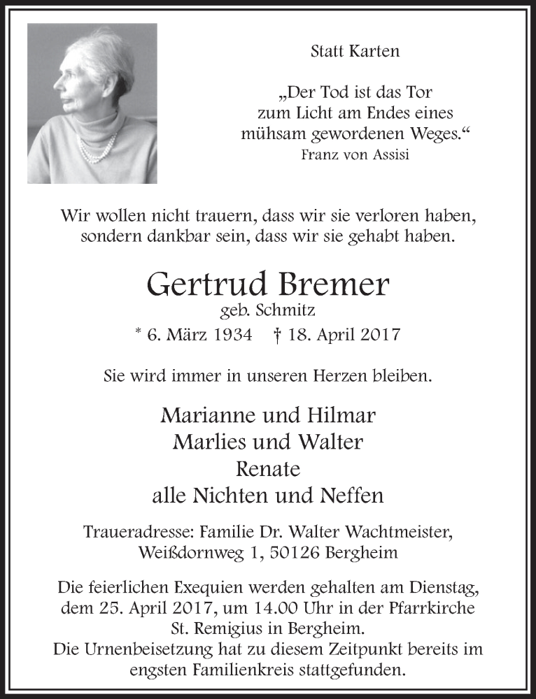  Traueranzeige für Gertrud Bremer vom 22.04.2017 aus  Sonntags-Post 