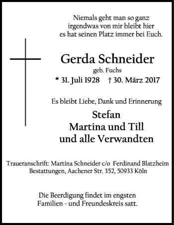 Anzeige von Gerda Schneider von Kölner Stadt-Anzeiger / Kölnische Rundschau / Express
