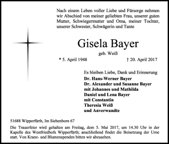 Anzeige von Gisela Bayer von Kölner Stadt-Anzeiger / Kölnische Rundschau / Express