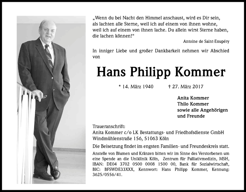  Traueranzeige für Hans Philipp Kommer vom 08.04.2017 aus Kölner Stadt-Anzeiger / Kölnische Rundschau / Express
