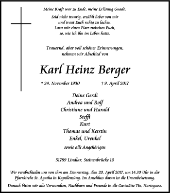 Anzeige von Karl Heinz Berger von Kölner Stadt-Anzeiger / Kölnische Rundschau / Express