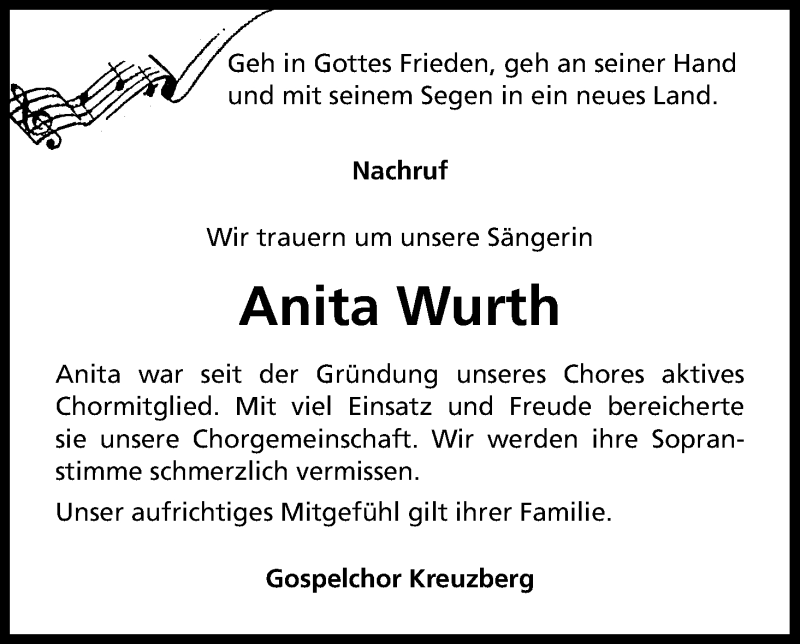  Traueranzeige für Anita Wurth vom 27.04.2017 aus Kölner Stadt-Anzeiger / Kölnische Rundschau / Express