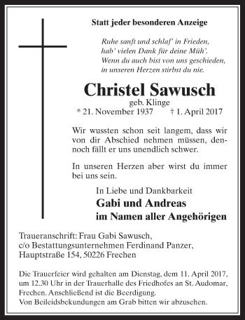Anzeige von Christel Sawusch von  Wochenende 